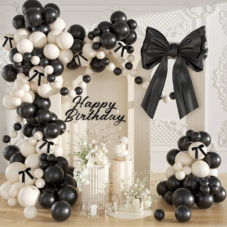 Black Sand White Balloon Garland Arch Kit, Coquette Birthday Decorations 158Pcs Black Bow Long Ba... | Amazon (US)