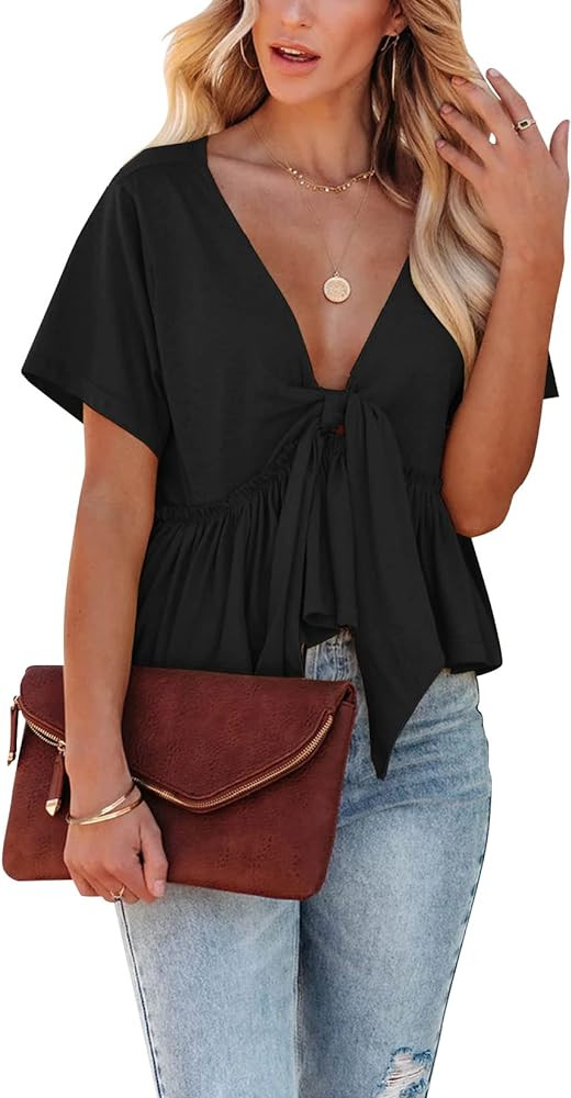Fanway&EC Women's Short Sleeve V Neck Blouses Ruffle Hem Tie Front Crop Tops Lightweight Basic Su... | Amazon (US)