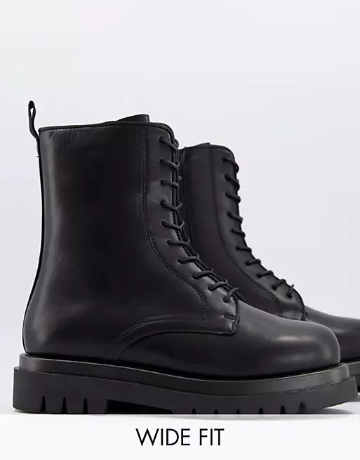 Truffle Collection wide fit lace up chunky military boots in black | ASOS (Global)