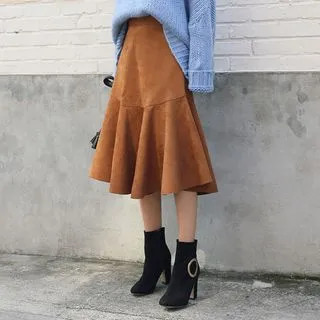 Ruffle-Hem Faux-Suede Midi Skirt | YesStyle (US)