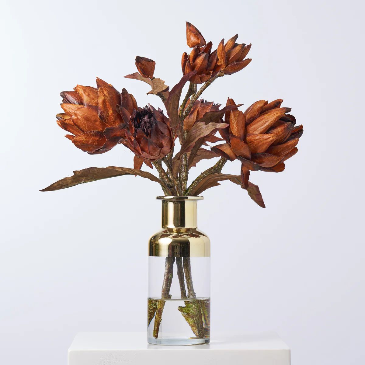 Rustic Brown Dried Look Artichoke Stems Fall Floral Arrangement In Gold Dipped Bottle Vase | Darby Creek Trading