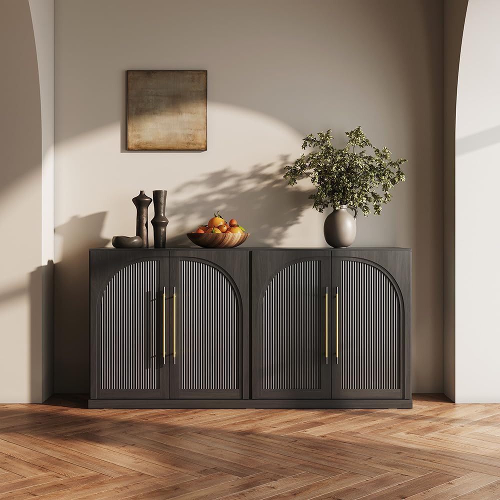 BELLEZE 65 Inch Sideboard Cabinet with Double-Arc Wood Doors, Large Buffet Cabinet with Storage and Adjustable Shelves, Classic Modern Console Table for Dining Room Living Room Entryway (Ebony) | Amazon (US)