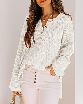 Saodimallsu Women's Oversized Sweaters Batwing Long Sleeve Loose V Neck Button Henley Tops Pullov... | Amazon (US)