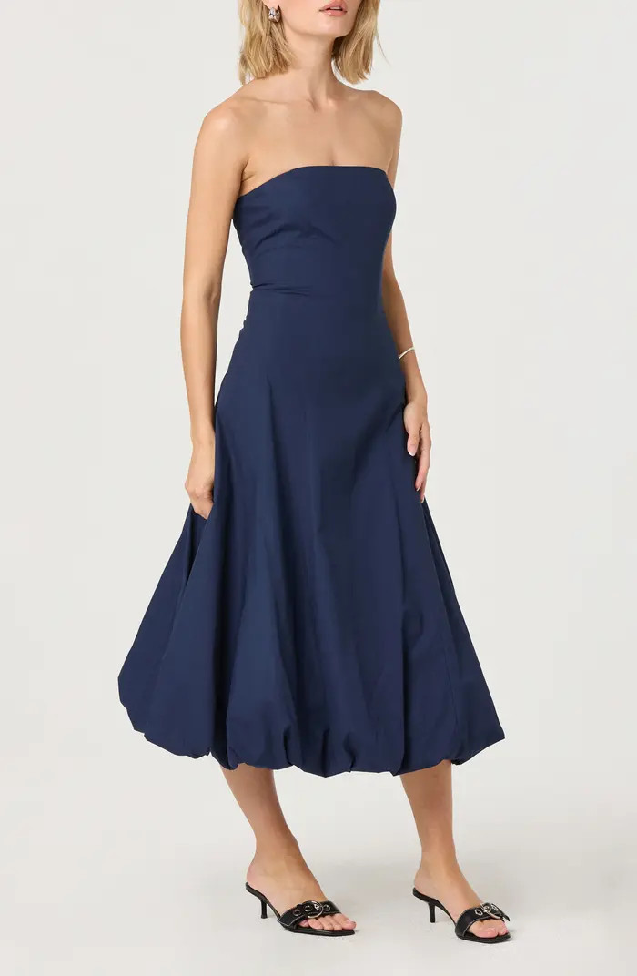 Strapless Bubble Hem Cotton Poplin Midi Dress | Nordstrom Rack