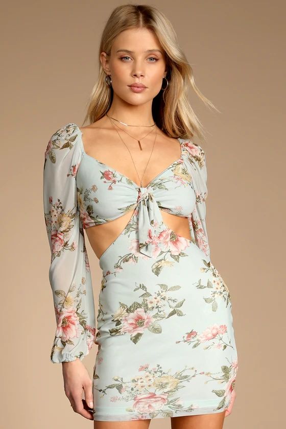 Ode to Spring Mint Floral Print Tie-Front Bodycon Mini Dress | Lulus (US)