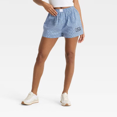 Women's USA Gingham Graphic Boxer Shorts - Blue | Target