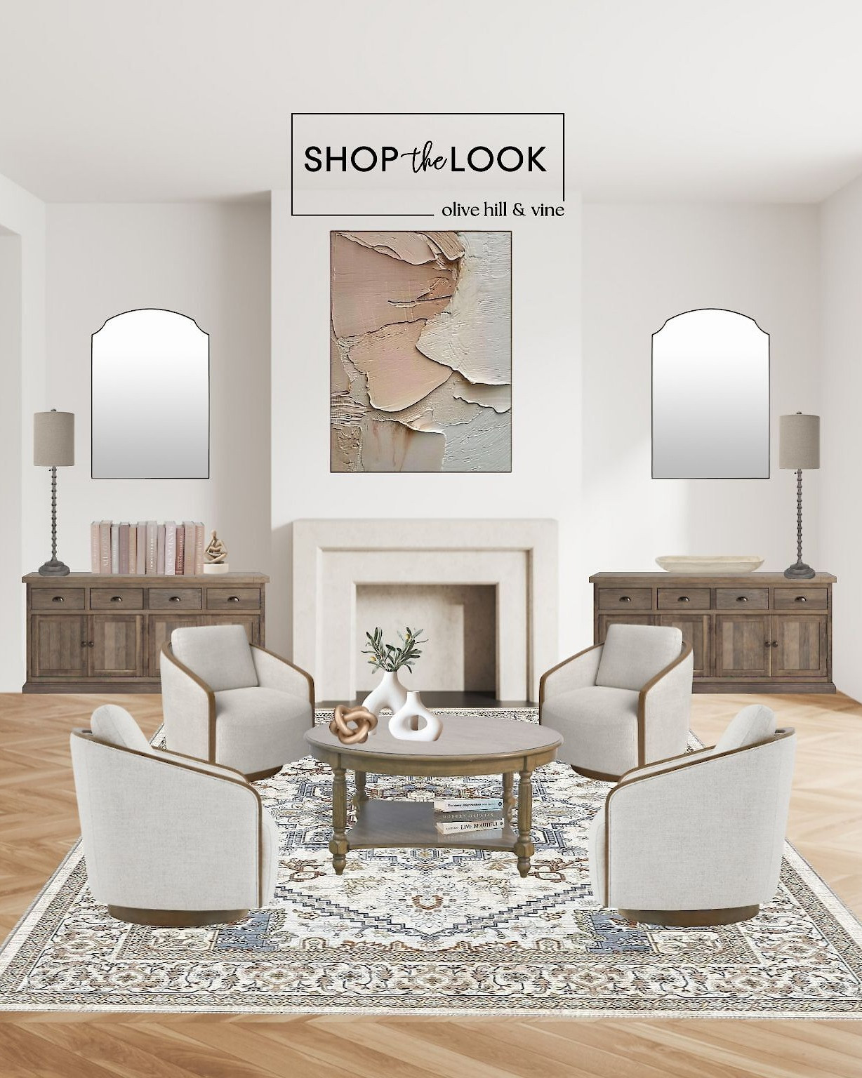 This warm rustic living room is all about inviting textures and timeless charm. Four swivel barrel chairs with wood trim circle a farmhouse-style coffee table over a faux cashmere oriental rug. Distressed wood sideboards, arched mirrors, and curated decor complete the cozy, layered look.  

 

#LTKHome #LTKStyleTip #LTKFamily