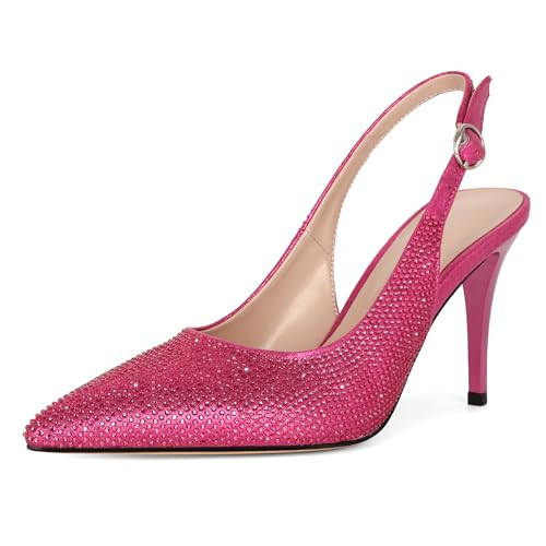 YODEKS Fuchsia Neon Hot Pink Heels Dark Pink Slingback Pumps for Women Closed Pointed Toe Stiletto High Heel Sparkly Rhinestone Glitter Wedding Bridal Bride Prom Magenta Dress Shoes 3.5" Size 9.5 | Amazon (US)