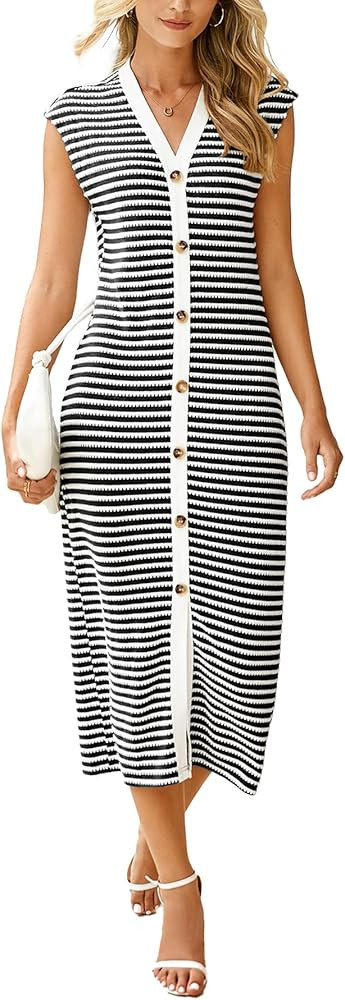 Simplee Women Button Striped Summer Dress Knit Casual Cap Sleeve V-Neck Midi Comfy Travel Dresses... | Amazon (US)