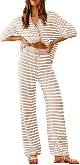 Tankaneo Womens Knit 2 Piece Lounge Sets Striped Short Sleeve Tops and Wide Leg Pants Travel Airp... | Amazon (US)