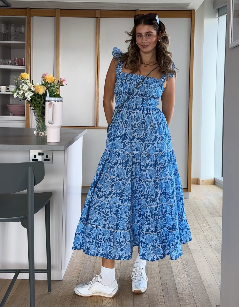 pink city prints maxi midi floral dress blue frill sleeve tiered dress picnic date summer inspo workwear trainer country of adidas original cream and white basic capsule wardrobe brown tortoise shell sunglasses crossbody Stella McCartney chain silver grey bag asos Abercrombie hollister mango 

#LTKwedding #LTKstyletip #LTKsummer