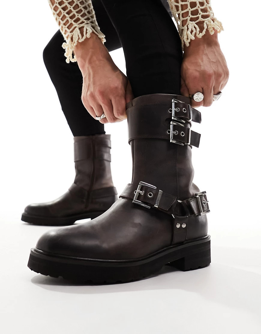 ASOS DESIGN boot in brown leather with buckle details | ASOS (Global)