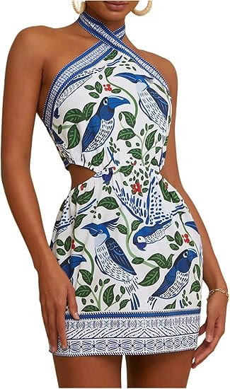 MakeMeChic Women's Boho Mini Dress Summer Beach Vacation Halter Dresses Floral Sundress | Amazon (US)