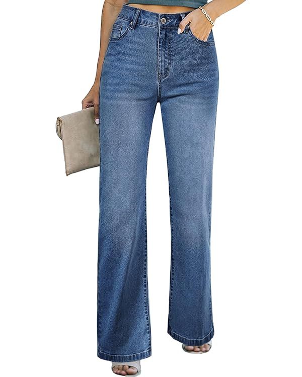 Sidefeel Women's Wide Leg Jeans Casual High Waisted Straight Stretch Denim Pants with Pockets | Amazon (US)