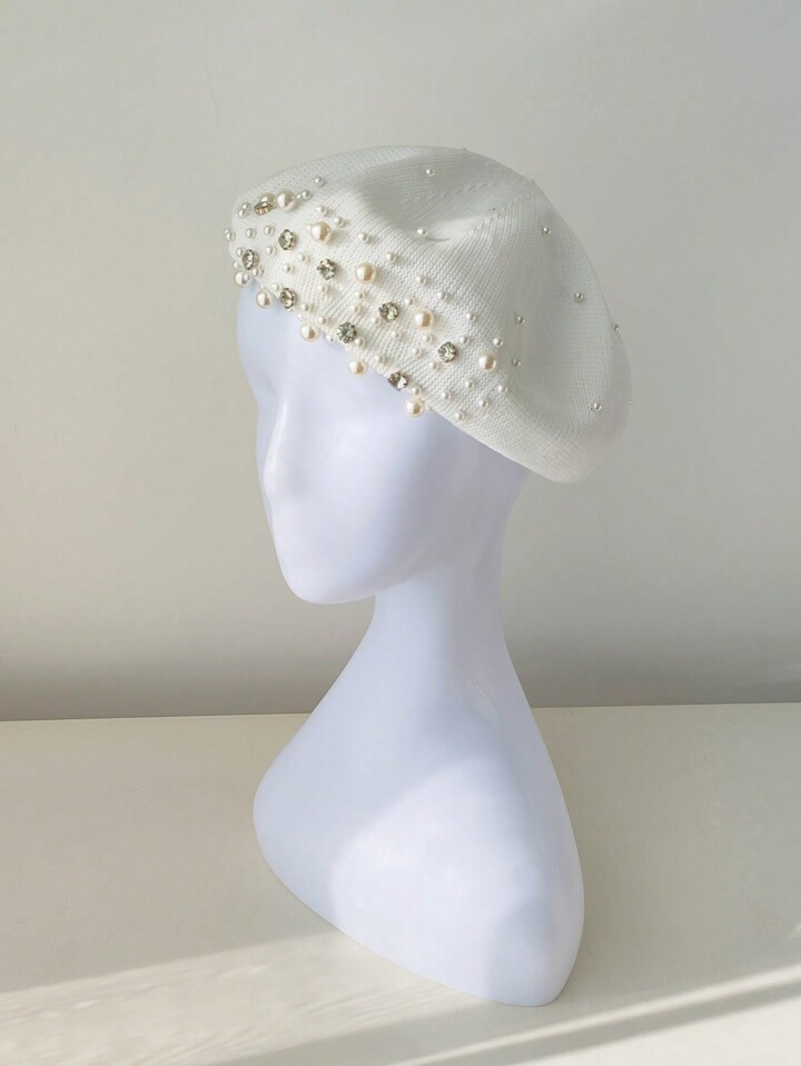 1pc Ladies' White Knit Beret Hat Adorned With Rhinestone And Pearl, Suitable For Spring And Summe... | SHEIN