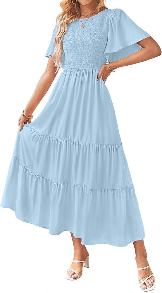 ZESICA Women's Summer Casual Flutter Short Sleeve Crew Neck Solid Color Smocked Tiered A Line Flo... | Amazon (US)