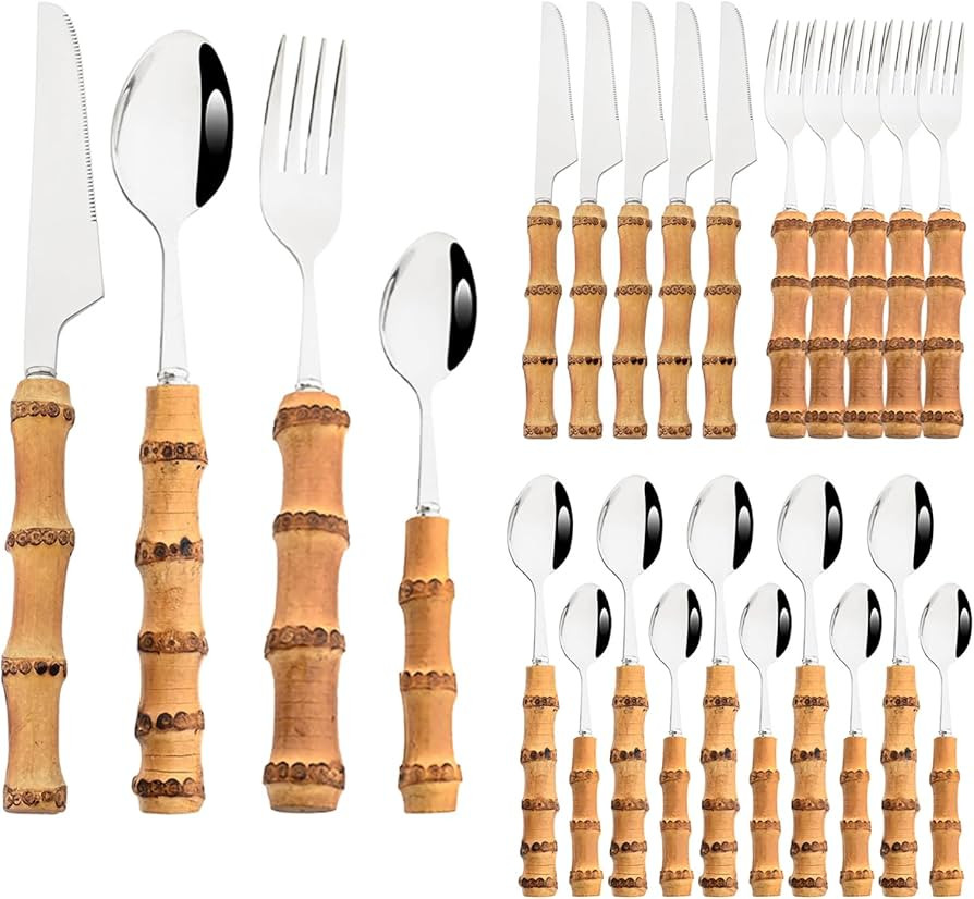 24-PIECE Silver Polish Flatware Set With Natural Bamboo Handle, Basic Chinoiserie Tableware Set F... | Amazon (US)