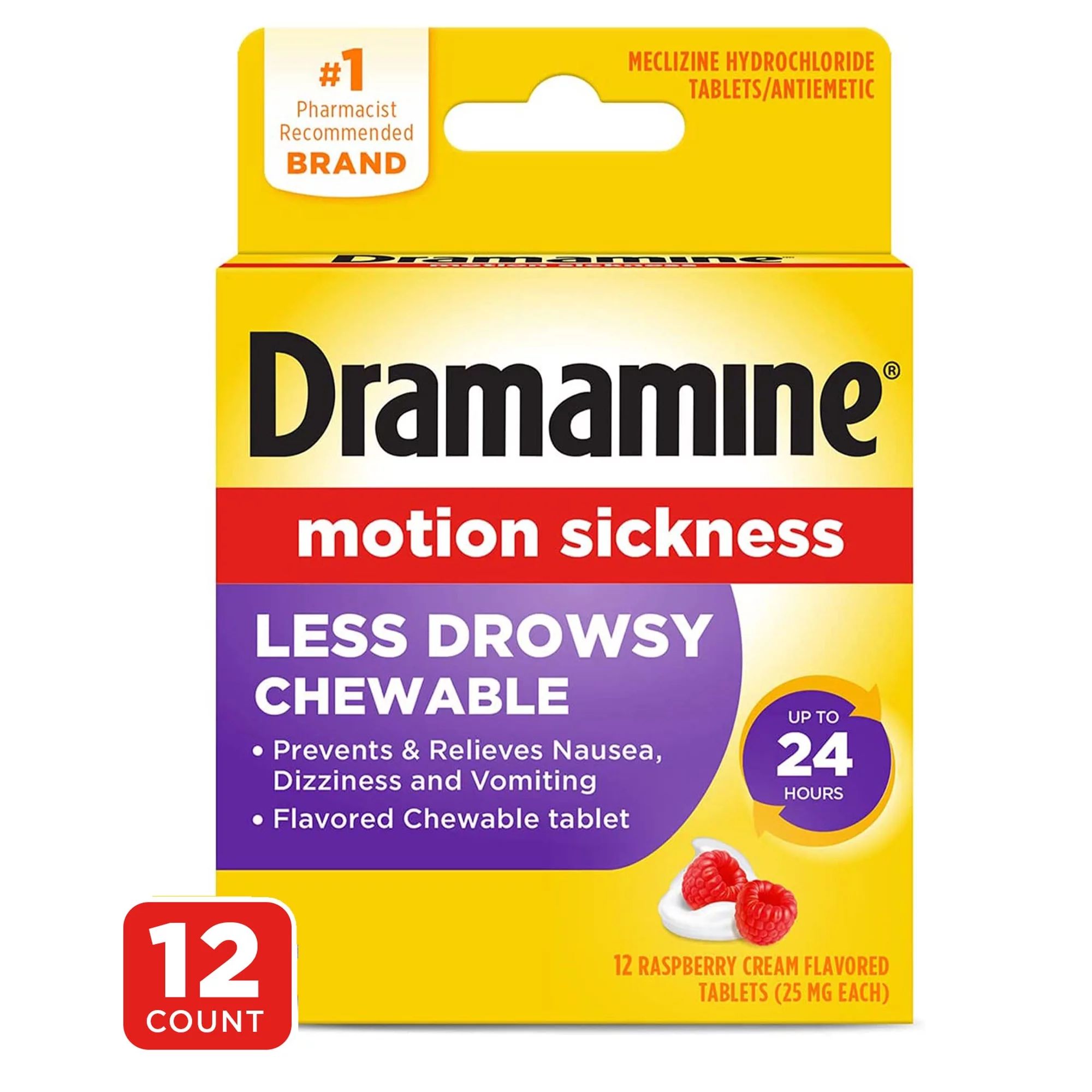 Dramamine Chewable Less Drowsy, Motion Sickness Relief, Raspberry Cream Flavor, 12 Count | Walmart (US)