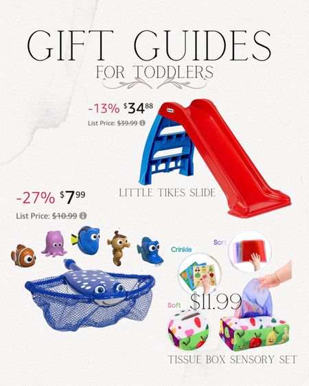 The most perfect gift guide for the kids in your family! Christmas gift ideas for toddlers. 
Little Tikes slide 
Disney bath toys 
Tissue box sensory sent 

#LTKGiftGuide #LTKsalealert #LTKCyberWeek