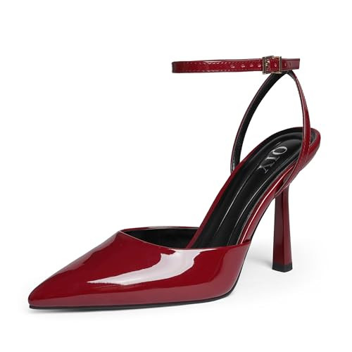 QIY Burgundy Heels for Women Pumps Wine Red Closed Pointed Toe Slingback Kitten Pointy Heels Heeled Sandals Ankle Strap Strappy Patent Leather High Heel Wedding Dress Shoes Size 11 | Amazon (US)
