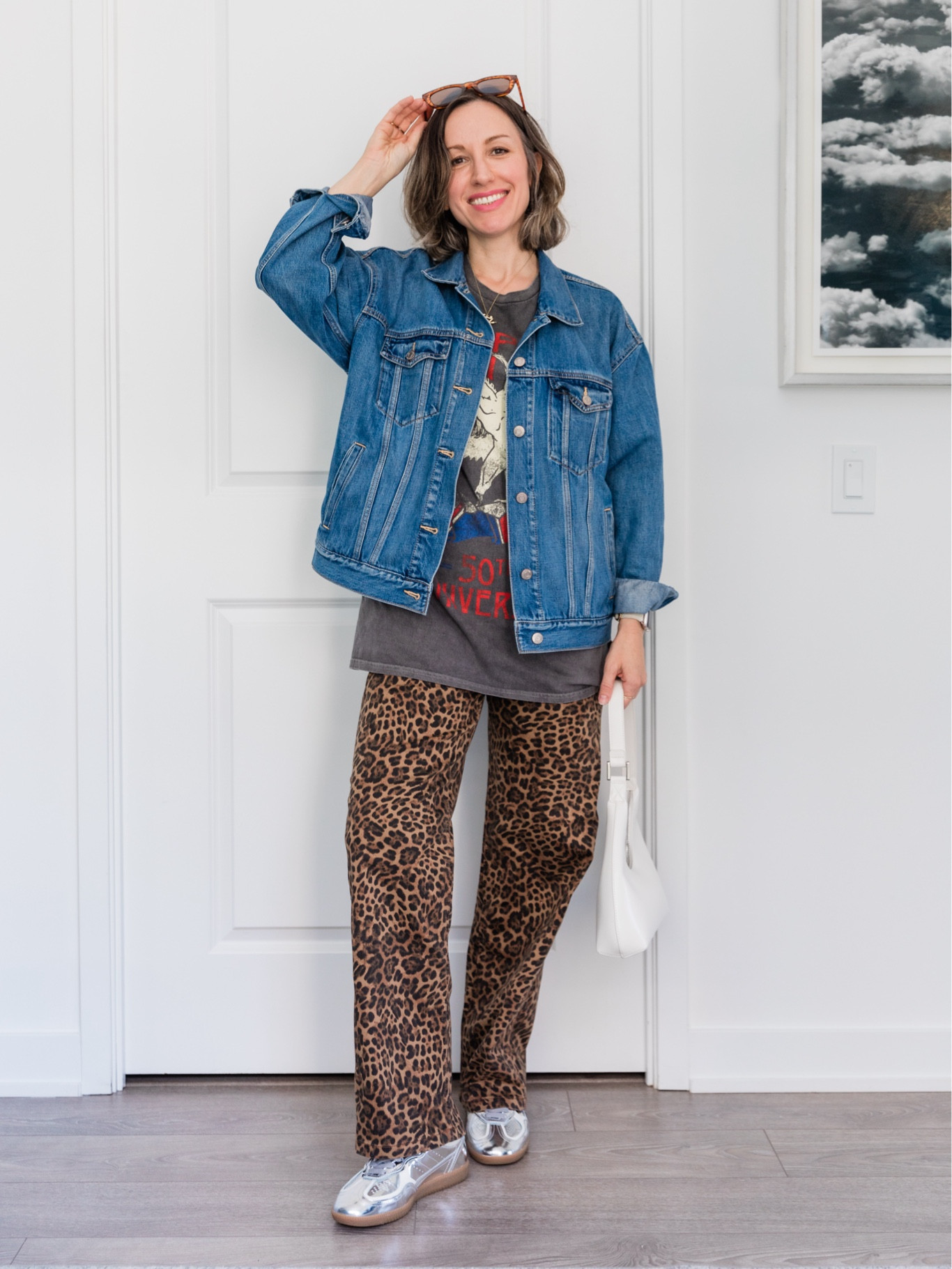 Leopard print pants outfit for fall with graphic tee and denim jacket 

#LTKOver40 #LTKSeasonal