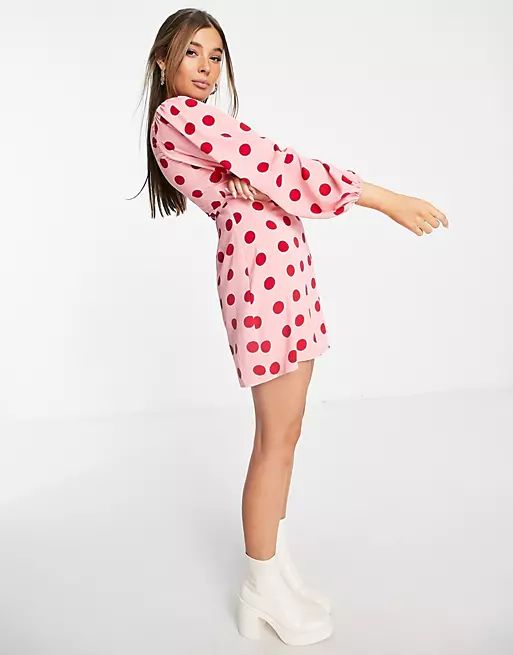 Glamorous mini long sleeve wrap dress in pink red spot | ASOS (Global)