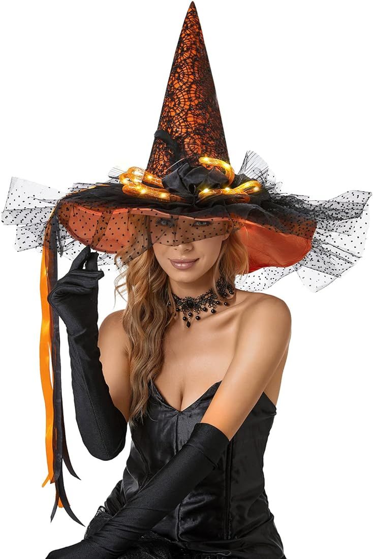 Halloween Women's Vintage Witch Hat with LED Lights, Costume Sharp Pointed With Gauze Black and O... | Amazon (US)