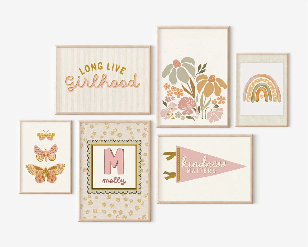 Girls Gallery Wall Set of 6 Prints Blush Pink Nursery Decor Pastel Neutral Muted Custom Name Retr... | Etsy (US)