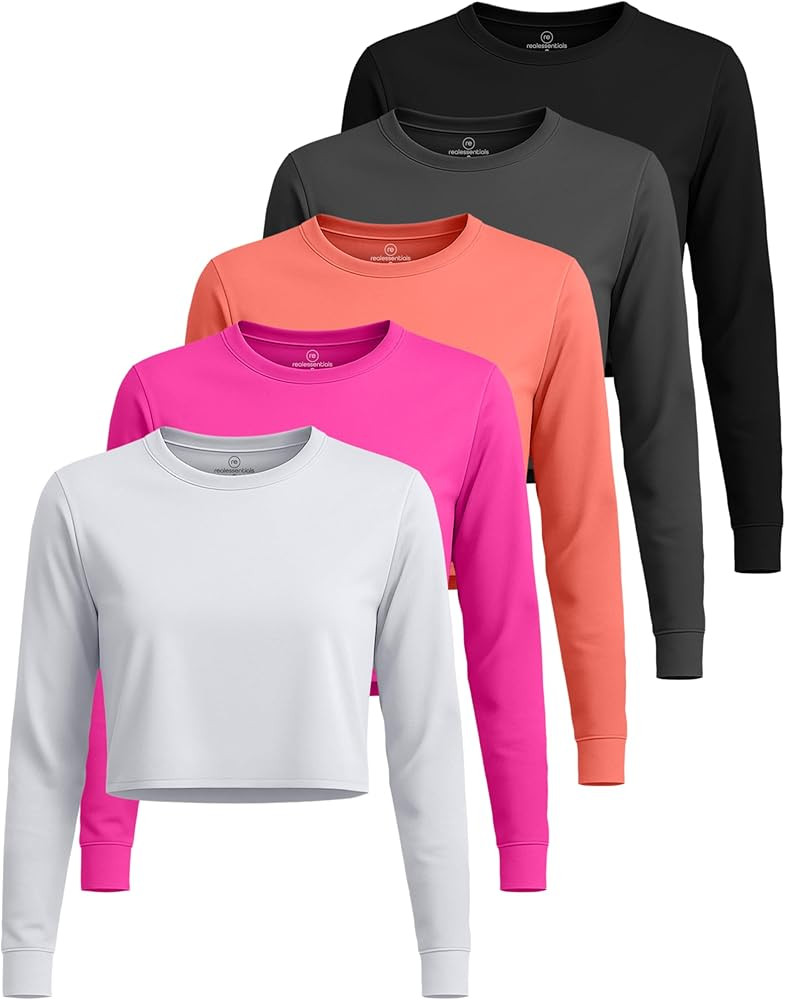 Real Essentials 5 Pack: Women's Dry Fit Crop Top - Long Sleeve Crew Neck Stretch Athletic Tee (Av... | Amazon (US)