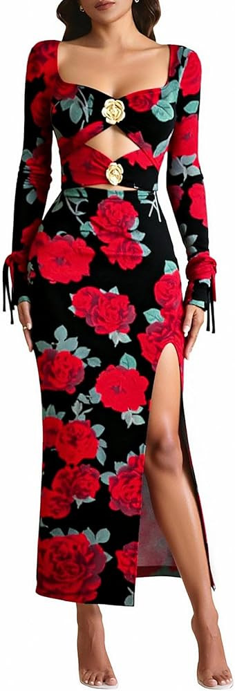 Women's Floral Print Cut Out Dress High Split Sweetheart Neckline Long Sleeve Party Dresses | Amazon (US)