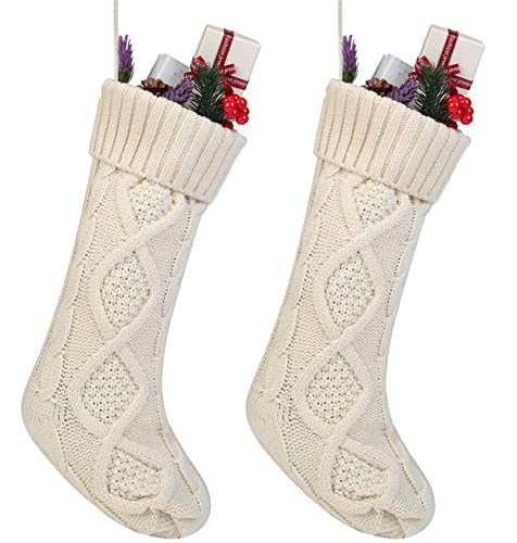 Free Yoka Cable Knit Christmas Stockings Kits Solid Color White Ivory Classic Decorations 18", Set of 2 | Amazon (US)