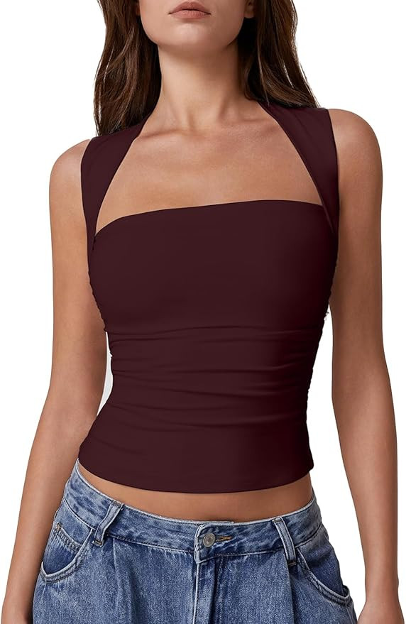 QINSEN Womens Square Neck Tank Tops Side Ruched Double Lined Slim Fit Summer Going Out Crop Top | Amazon (US)