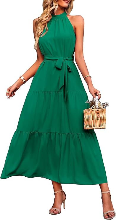 PRETTYGARDEN Womens Floral Summer Sleeveless Halter Neck Flowy Ruffle Hem Long Boho Dresses With ... | Amazon (US)