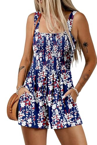 Dokotoo Rompers for Women 2025 Casual Loose Short Overalls One Piece Sleeveless Jumpsuits for Women Stretchy Wide Leg Short Pant Rompers Jumpsuit with Pockets Printed Summer Outfits Small Navy Blue | Amazon (US)