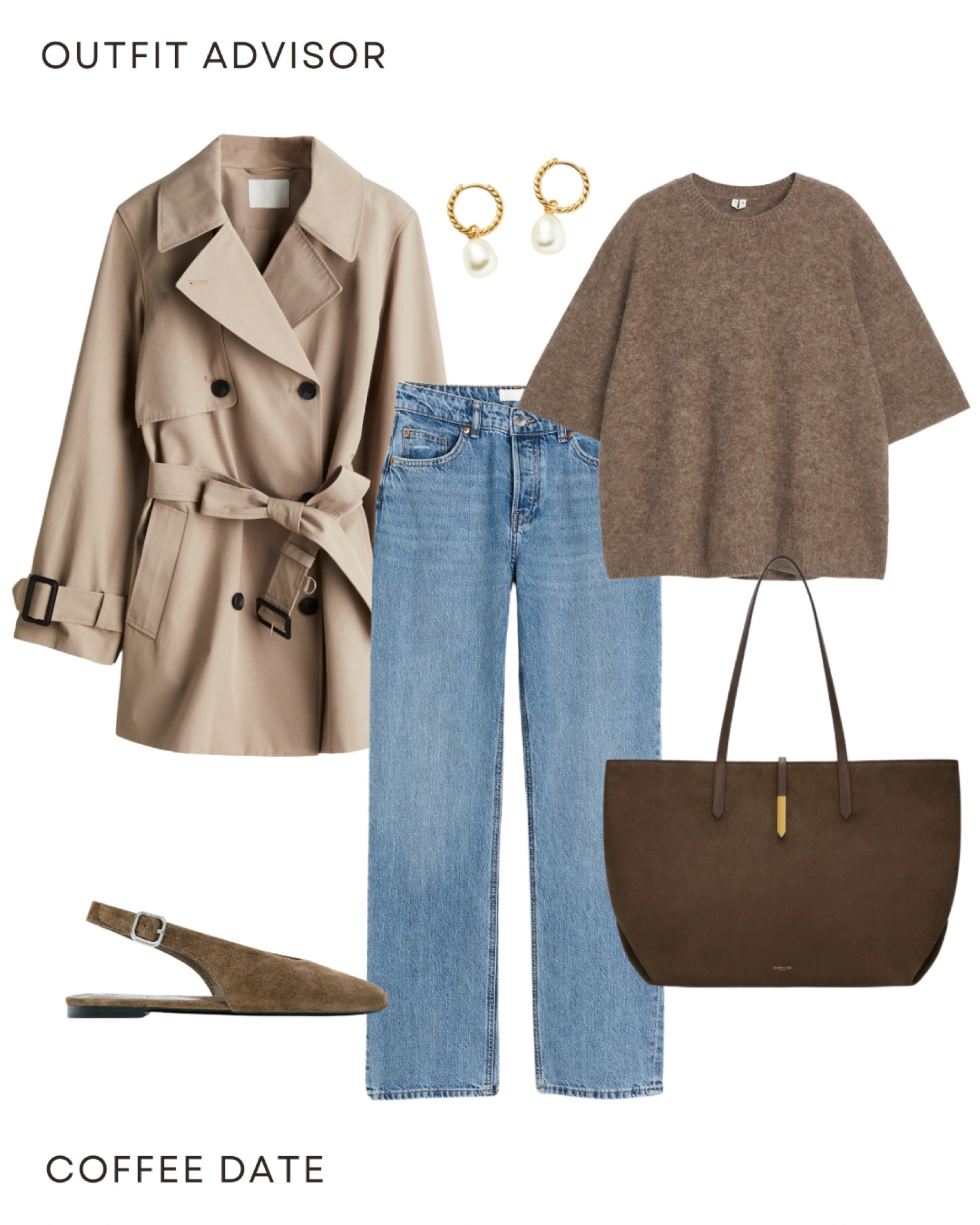 Casual autumn outfit inspo: a short trench coat, short brown knit top, wide leg jeans, a brown suede tote bag and suede slingback flats

#LTKworkwear #LTKstyletip #LTKautumn