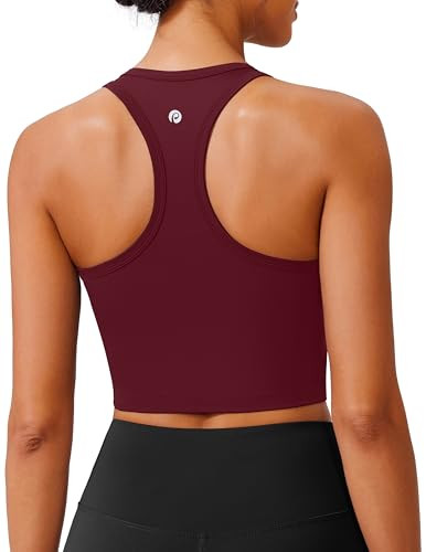 PINSPARK Longline Sports Bras for Women Razorback Pilates Tank Top Built-in Bra Yoga Tops Stretchy Athletic Crop Top with Light Support, Red Merlot Medium | Amazon (US)