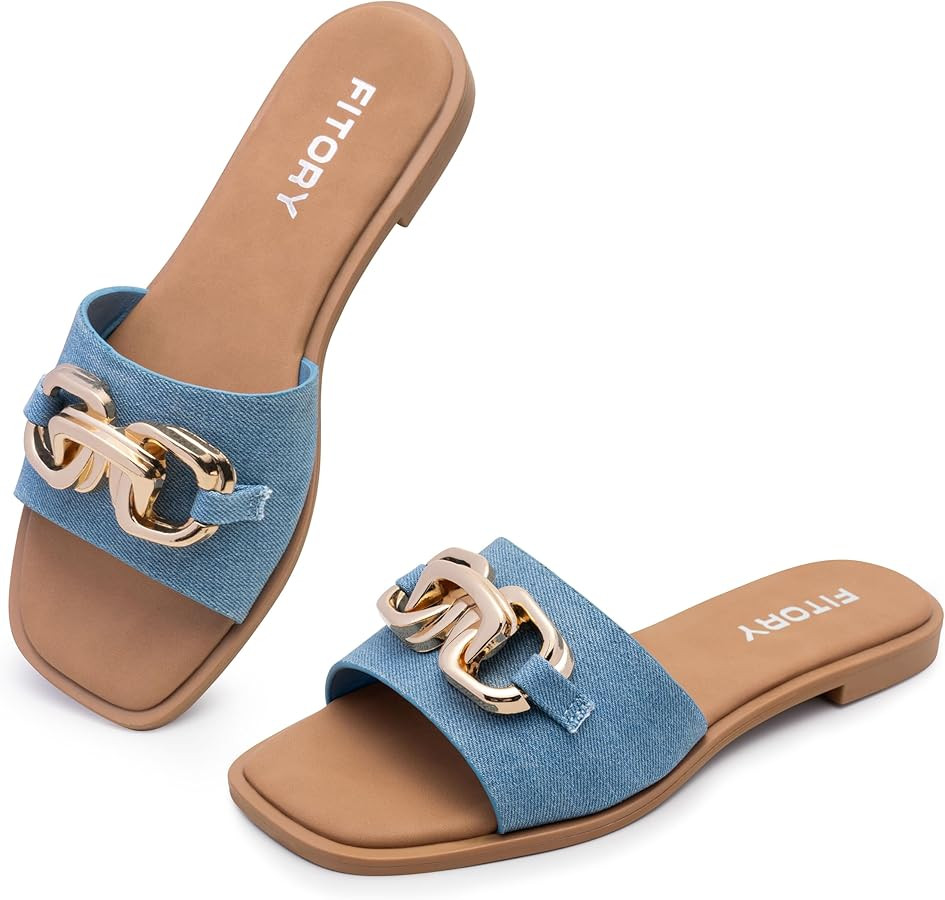 FITORY Women's Flat Sandals Fashion Slides With Soft Leather Slippers for Summer Size 6-11 | Amazon (US)