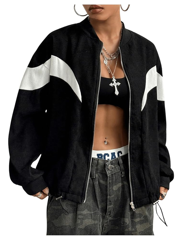 Verdusa Women's Color Block Zip Up Hooded Jacket Outerwear Loose Windbreaker Jackets | Amazon (US)