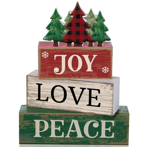 Lineshading 4 Pcs Christmas Table Decor Christmas Tree Block Signs Joy Love | Amazon (US)