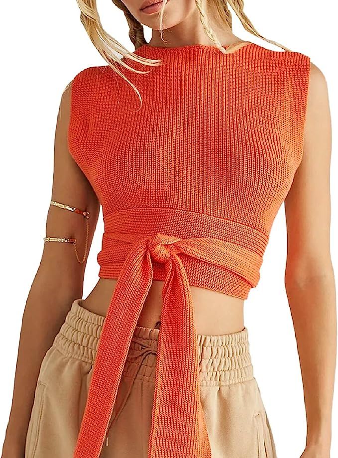 Knit Bandage Tank Top for Women Crisscross Halter Crop Top Sexy Sleeveless Backless Blouse Vest S... | Amazon (US)