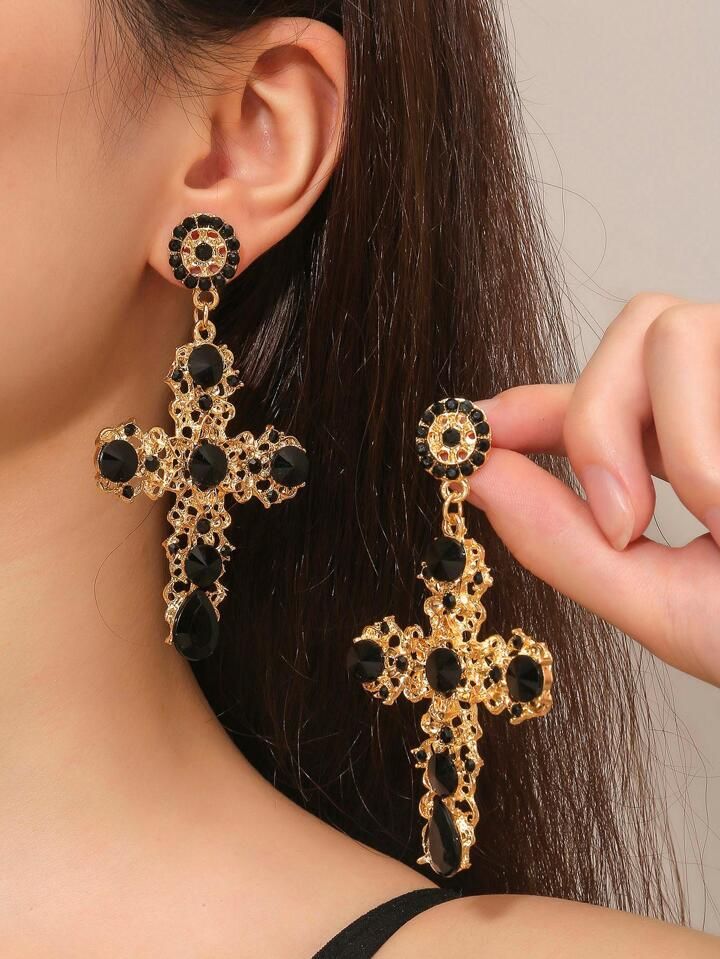 1pair Rhinestone Cross Drop Earrings | SHEIN