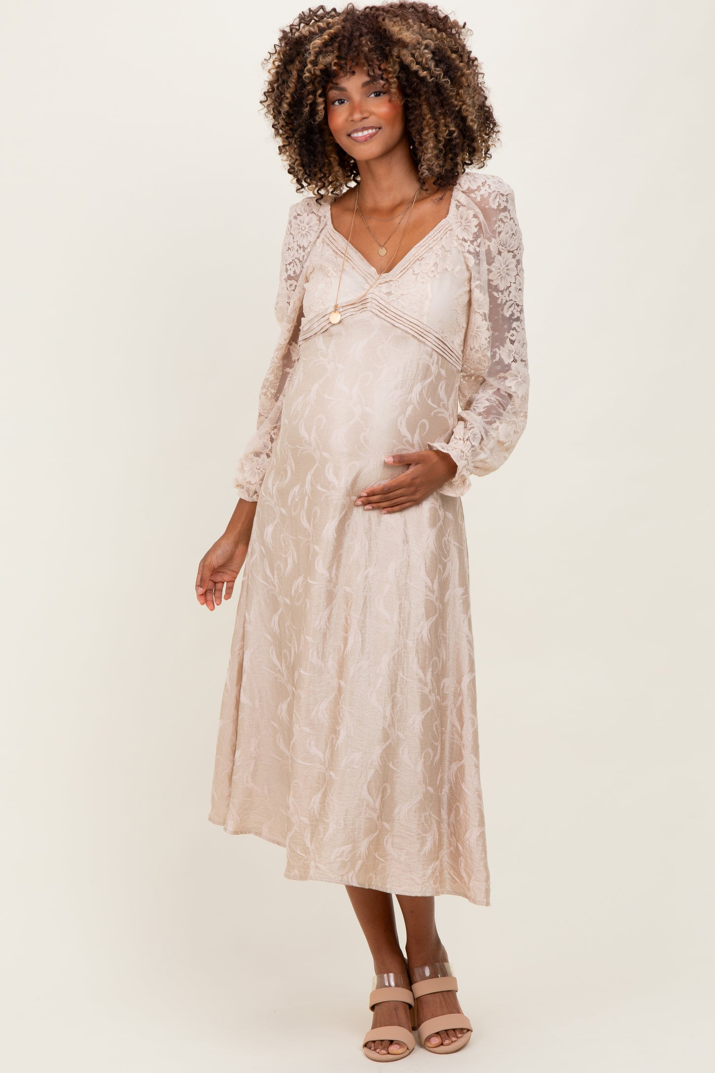 Cream Lace Jacquard Long Sleeve Maternity Midi Dress | PinkBlush Maternity