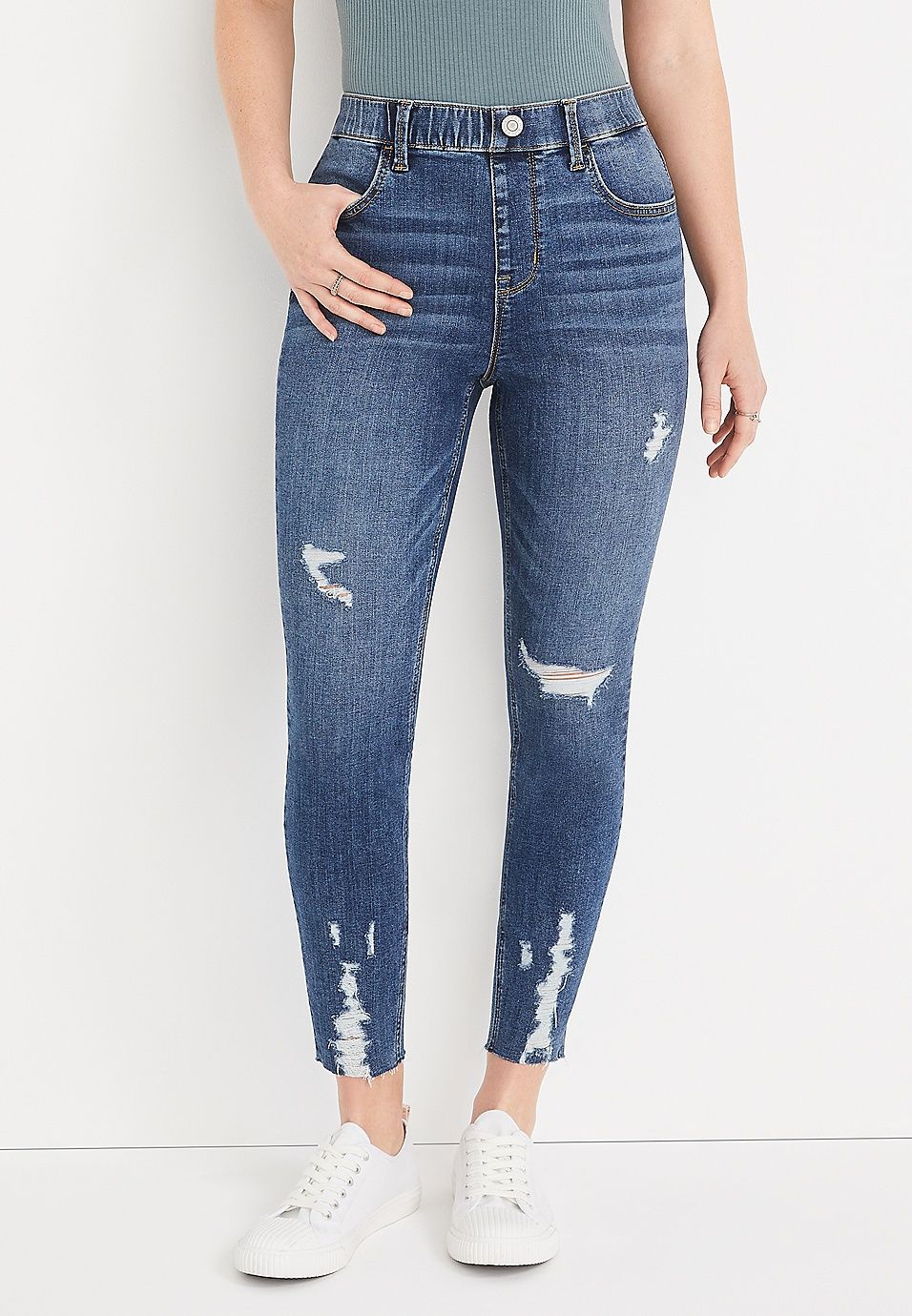 m jeans by maurices™ Cool Comfort Pull On Super High Rise Ripped Ankle Jegging | Maurices