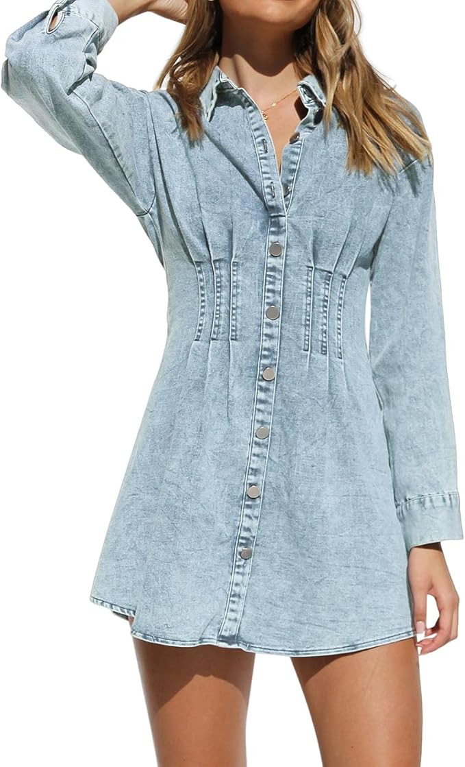 KDF Summer Denim Dress for Women Puff Sleeve Slim Fit Jean Dresses for Women 2024 Casual | Amazon (US)