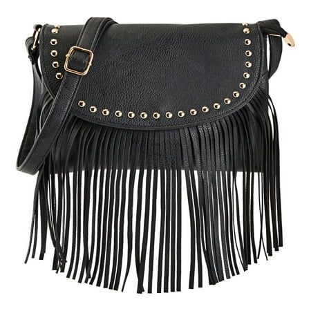 Black Leather Fringe Crossbody Bag Purse Chain & Buckle for Women 10.5x1.5x7.8” | Walmart (US)