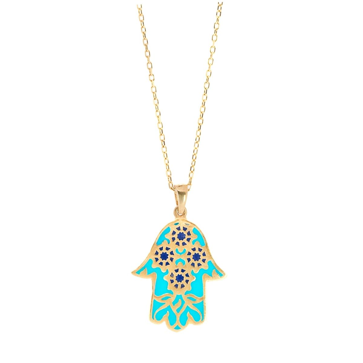 Turquoise Good Vibes Enamel Hamsa Gold Plated Necklace - Gold | Wolf & Badger (US)