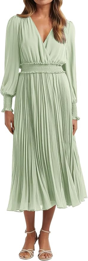 PRETTYGARDEN Womens Wrap V Neck Spring Dresses Wedding Guest Casual Pleated Long Sleeve Midi Dres... | Amazon (US)