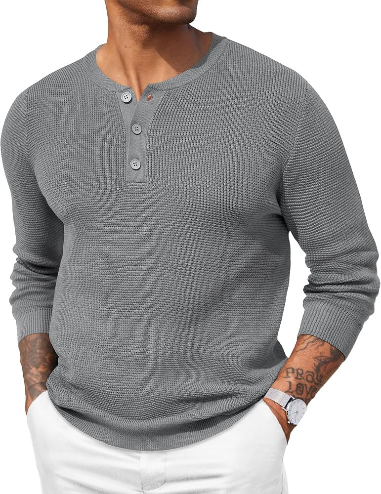 COOFANDY Men's Waffle Henley Shirts Crewneck Lightweight Sweater Long Sleeve Causal Knitted Pullo... | Amazon (US)