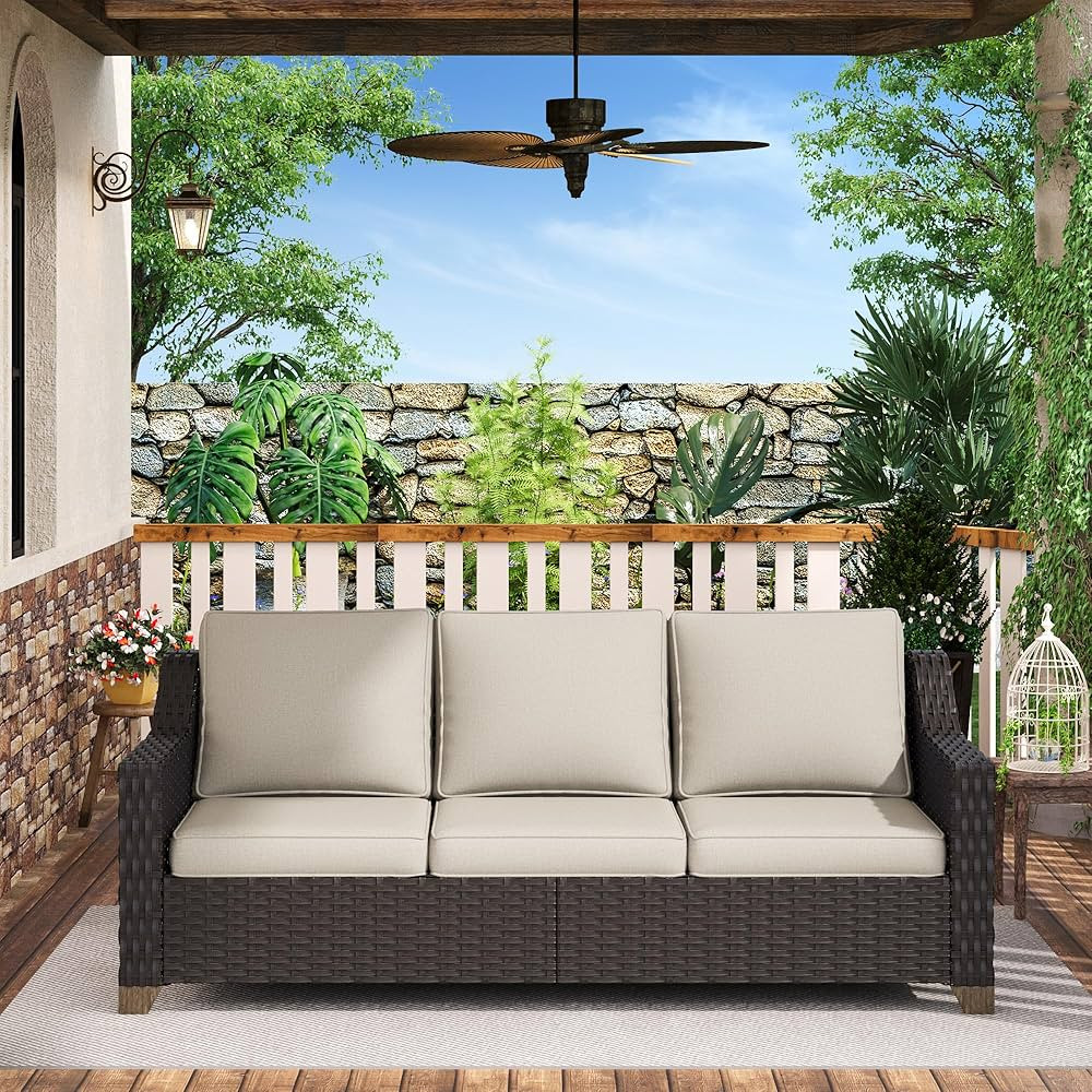 77'' Patio Sofa, All Weather Outdoor Rattan Wicker 3-Seat Sofa High Back Couch with Premium Cushi... | Amazon (US)