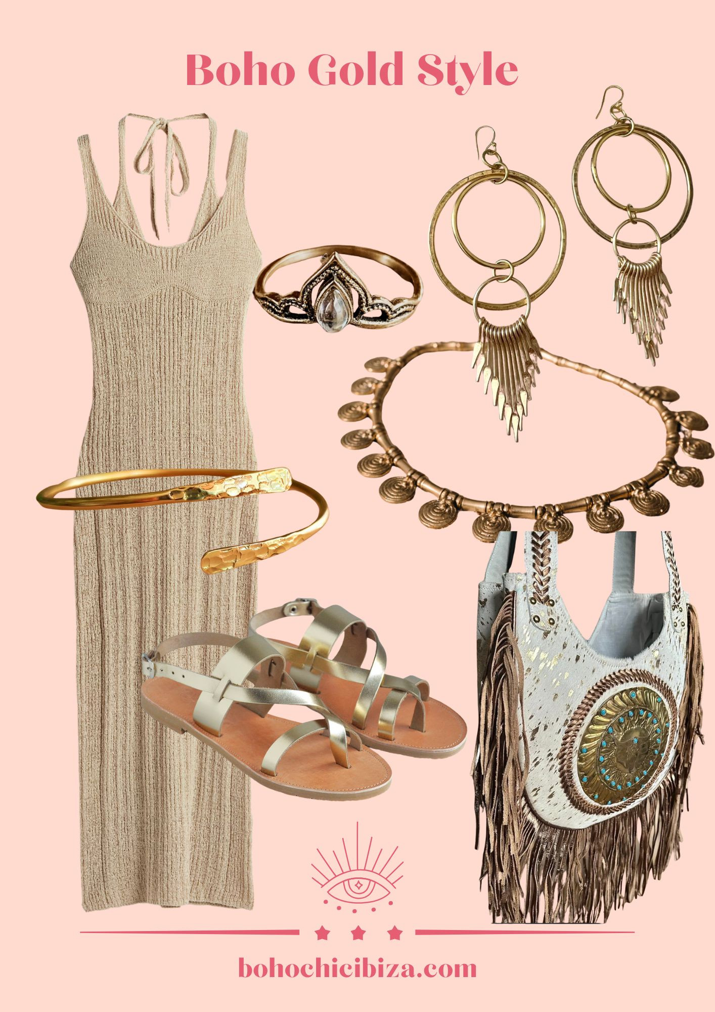 Boho Gold Style
- Double-layer dress with ladder stitch effect
- Large Black and Gold Boho Bag
- Greek Sandals
- Golden Bracelet 
- Coin Necklace 
- Big Gold Earrings
- Moonstone Boho Ring 

 #LTKsale #LTKfestival #LTKstyletip